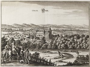 Uitzicht op het Kasteel van Oron, Zwitserland, 1653 door Caspar Merian